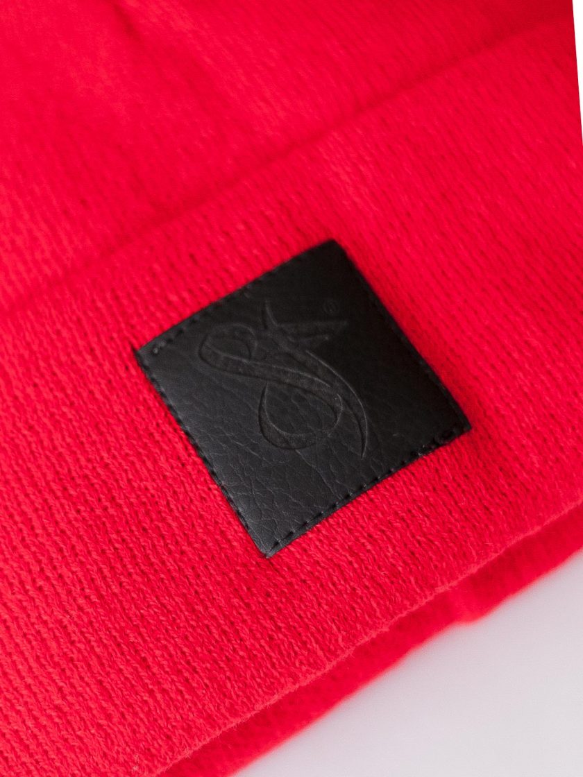 Black Leather Patch Beanie Vibrant Red