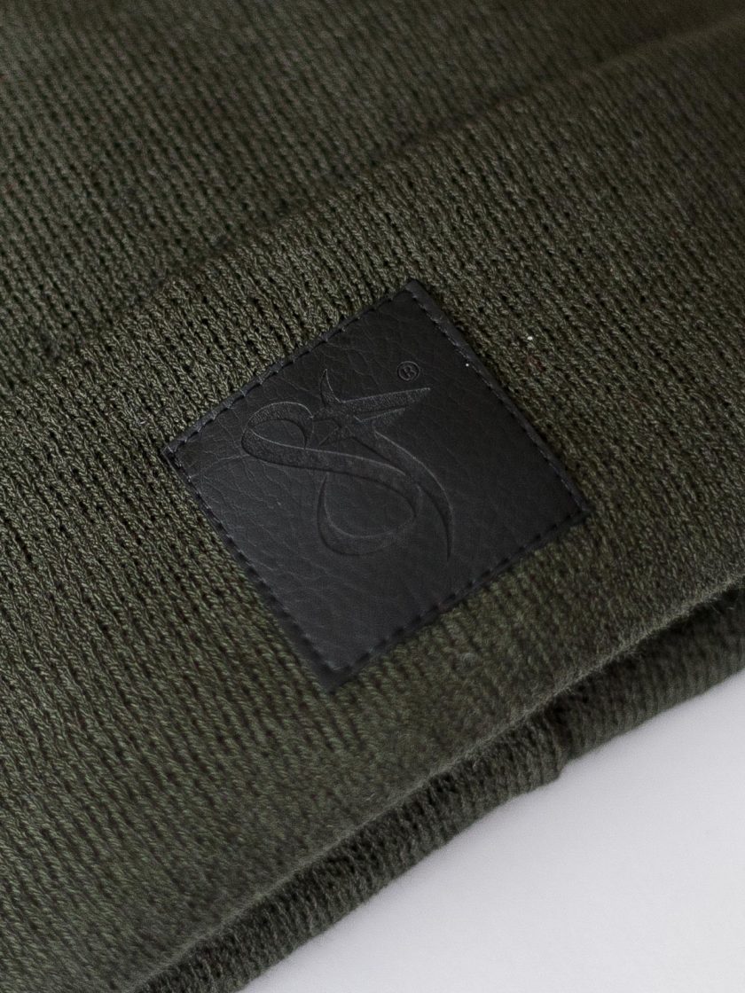 Black Leather Patch Beanie Green